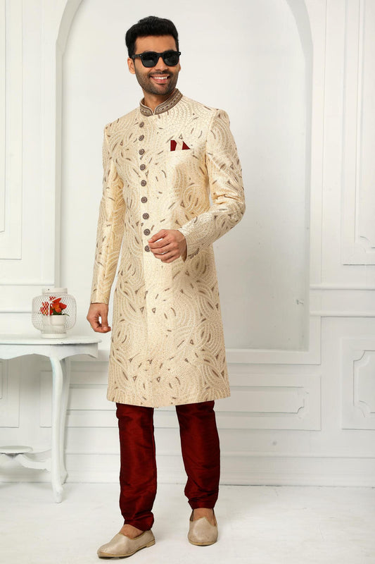 Grey Colour Art Silk Thread Work Embroidery Work Sherwani