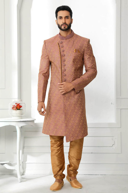 Peach Colour Art Silk Thread Work Embroidery Work Sherwani