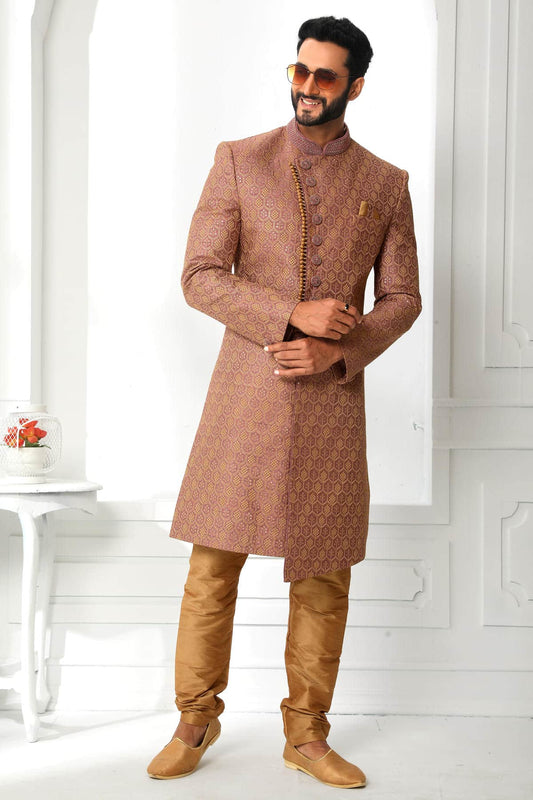 Peach Colour Art Silk Thread Work Embroidery Work Sherwani