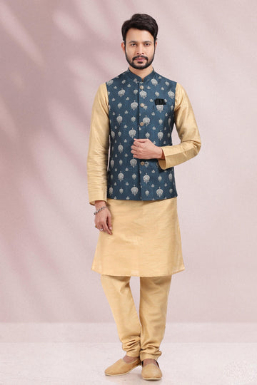Blue Colour Banarasi Silk Kurta Pajama With Jacket