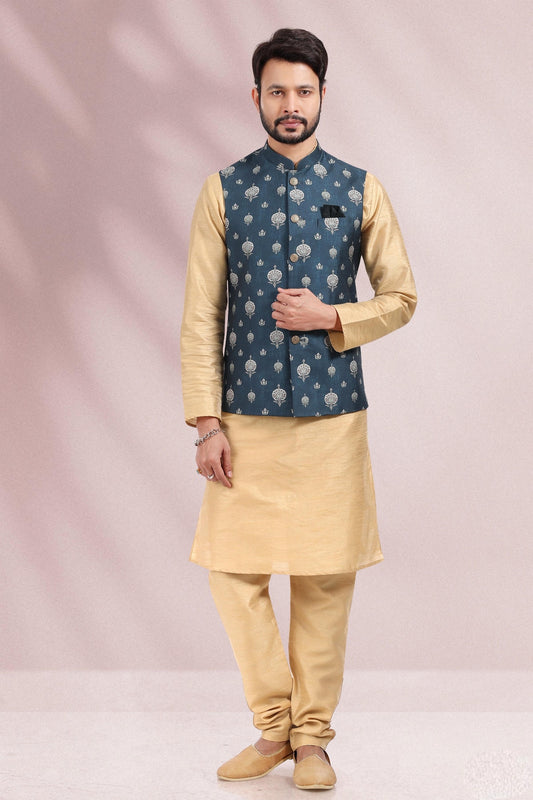 Blue Colour Banarasi Silk Kurta Pajama With Jacket