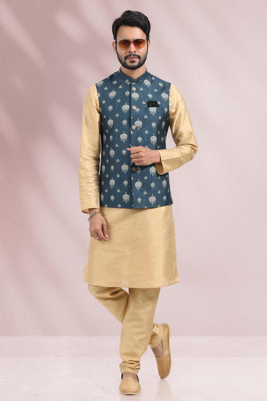 Blue Colour Banarasi Silk Kurta Pajama With Jacket