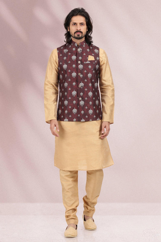 Wine Colour Banarasi Silk Kurta Pajama With Jacket