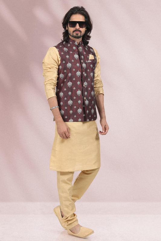Wine Colour Banarasi Silk Kurta Pajama With Jacket
