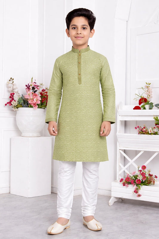 Jacquard Silk Brocade Pintux Work Kids Kurta Pajama In Pista Green Colour