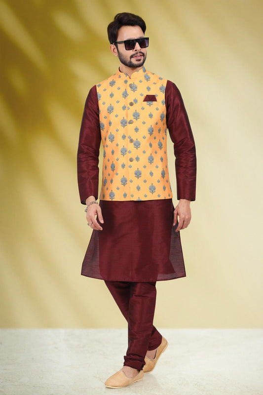 Yellow Colour Banarasi Silk Kurta Pajama With Jacket