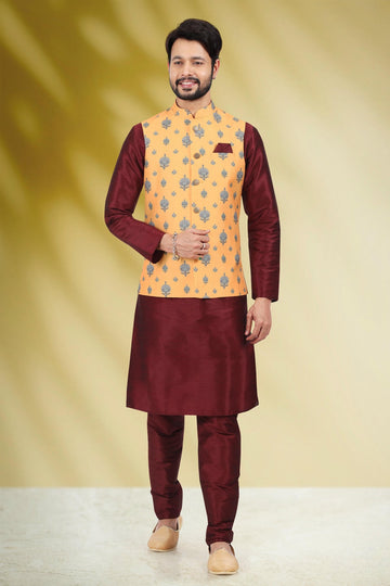 Yellow Colour Banarasi Silk Kurta Pajama With Jacket