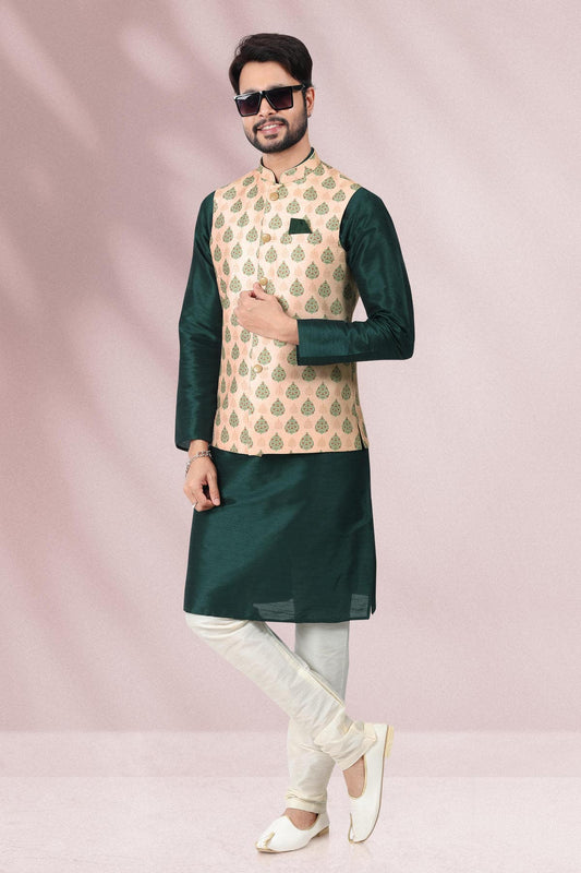 Peach Colour Banarasi Silk Kurta Pajama With Jacket
