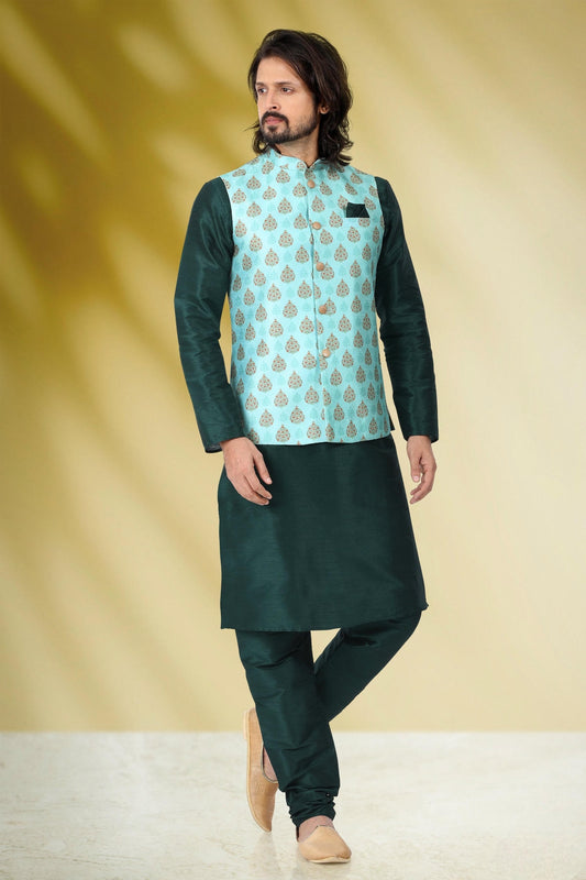 Green Colour Banarasi Silk Kurta Pajama With Jacket
