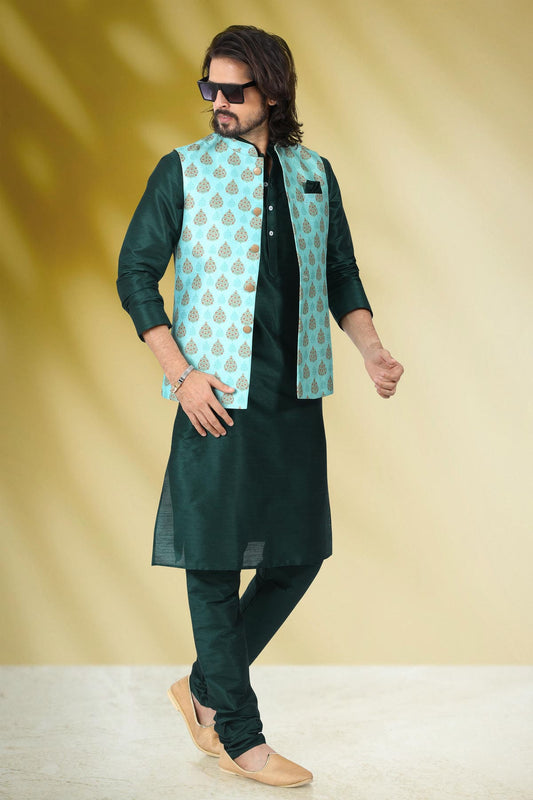 Green Colour Banarasi Silk Kurta Pajama With Jacket