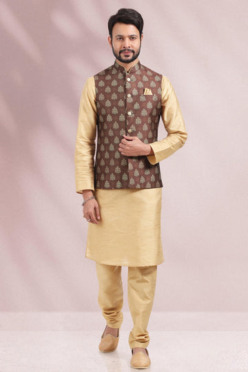 Brown Colour Banarasi Silk Kurta Pajama With Jacket