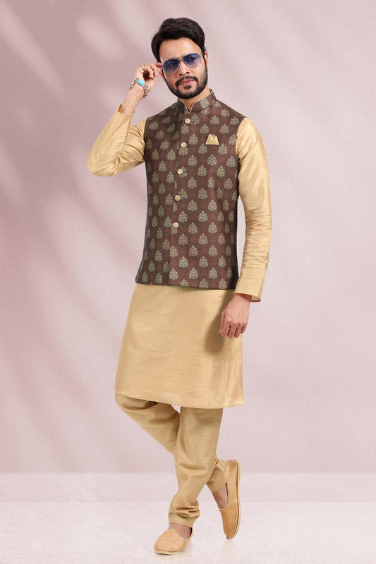 Brown Colour Banarasi Silk Kurta Pajama With Jacket