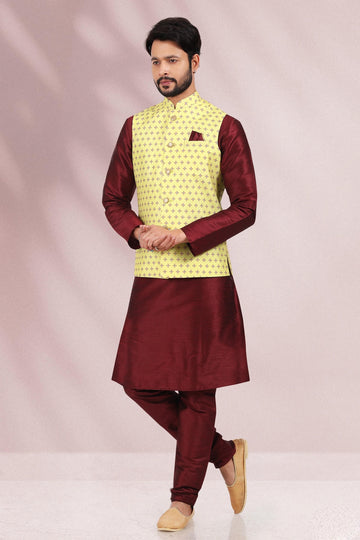 Yellow Colour Banarasi Silk Kurta Pajama With Jacket