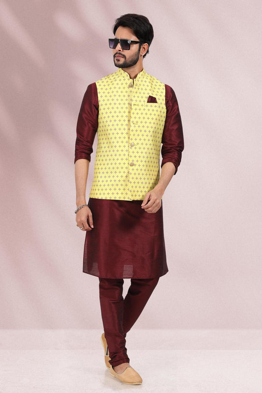 Yellow Colour Banarasi Silk Kurta Pajama With Jacket