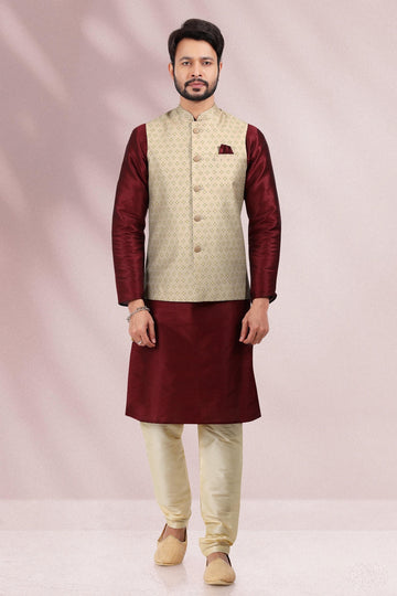 Cream Beige Colour Banarasi Silk Kurta Pajama With Jacket