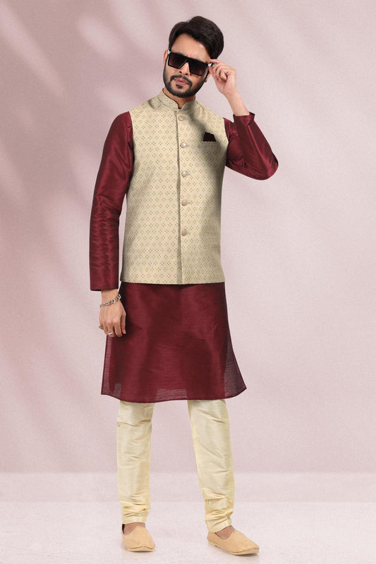 Cream Beige Colour Banarasi Silk Kurta Pajama With Jacket