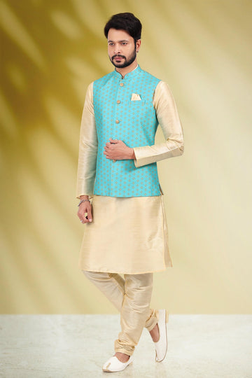 Blue Colour Banarasi Silk Kurta Pajama With Jacket