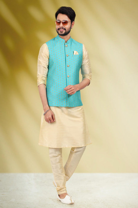 Blue Colour Banarasi Silk Kurta Pajama With Jacket