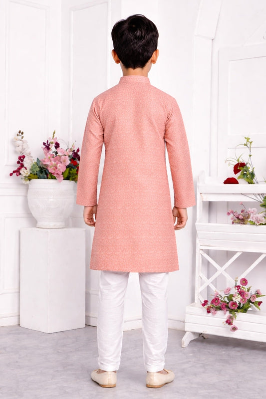 Jacquard Silk Brocade Pintux Work Kids Kurta Pajama In Peach Colour