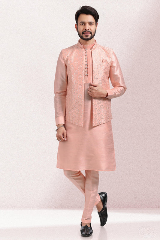 Peach Colour Art Silk Kurta Pajama With Jacket