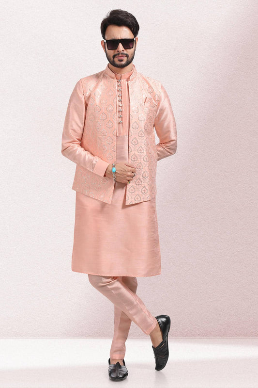 Peach Colour Art Silk Kurta Pajama With Jacket