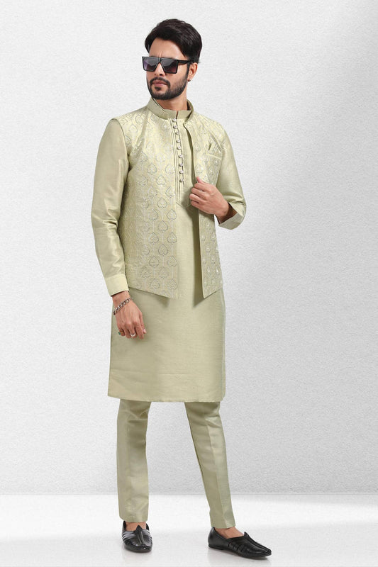 Pista Green Colour Art Silk Kurta Pajama With Jacket