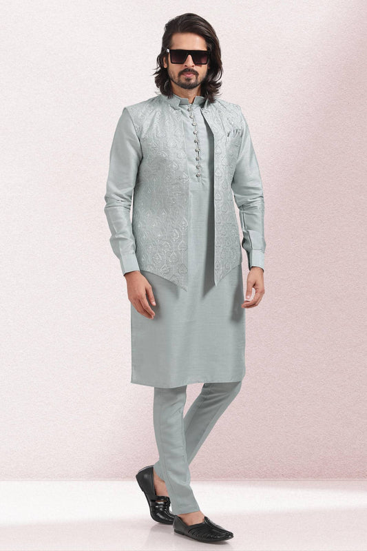 Grey Colour Art Silk Kurta Pajama With Jacket