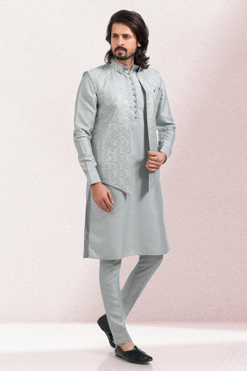 Grey Colour Art Silk Kurta Pajama With Jacket