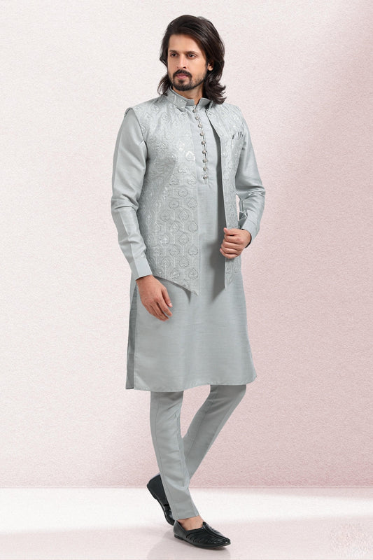 Grey Colour Art Silk Kurta Pajama With Jacket