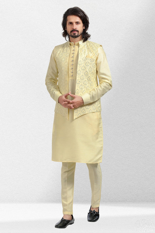 Yellow Colour Art Silk Kurta Pajama With Jacket
