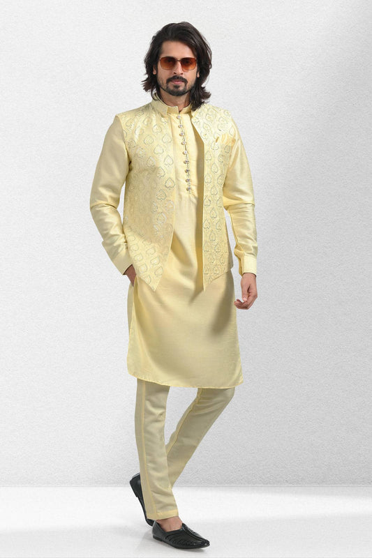 Yellow Colour Art Silk Kurta Pajama With Jacket