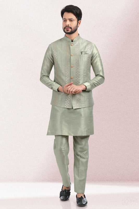 Pista Green Colour Art Silk Kurta Pajama With Jacket
