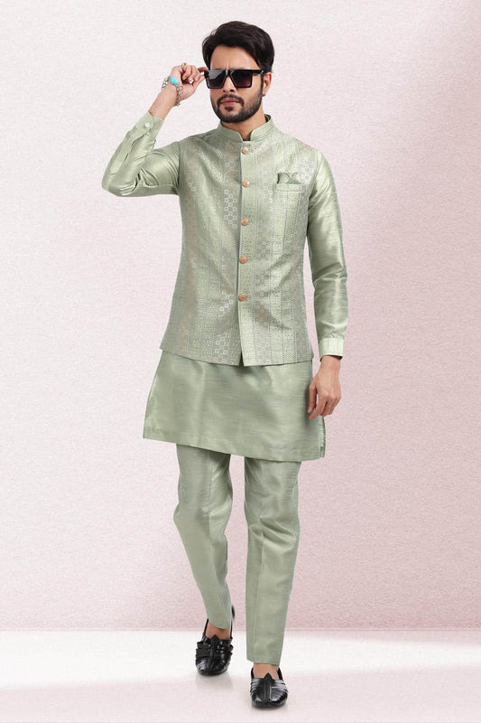 Pista Green Colour Art Silk Kurta Pajama With Jacket