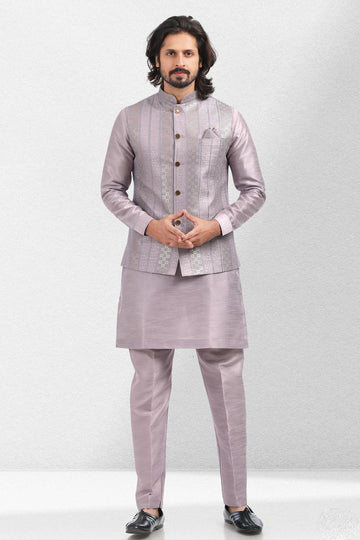 Purple Light Colour Art Silk Kurta Pajama With Jacket