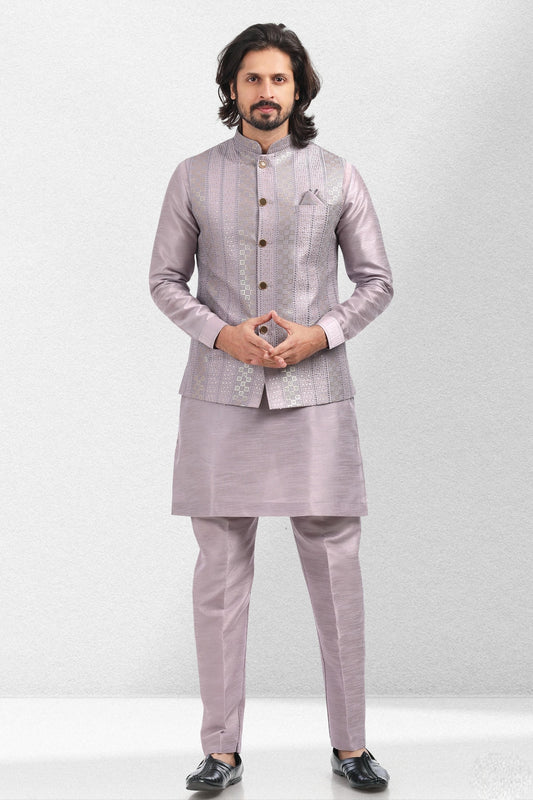 Purple Light Colour Art Silk Kurta Pajama With Jacket
