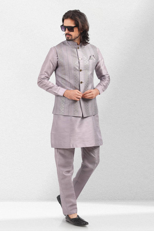 Purple Light Colour Art Silk Kurta Pajama With Jacket