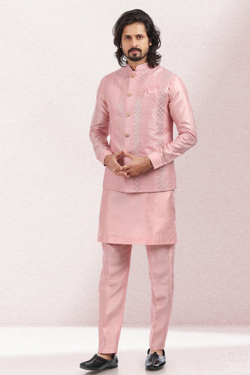 Pink Colour Art Silk Kurta Pajama With Jacket