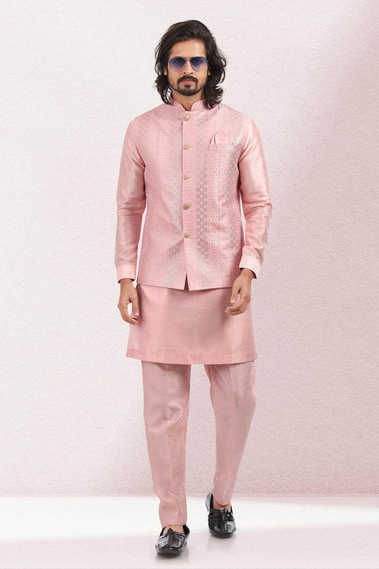 Pink Colour Art Silk Kurta Pajama With Jacket