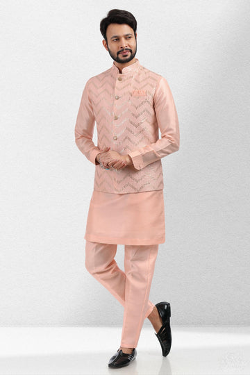 Peach Colour Art Silk Kurta Pajama With Jacket