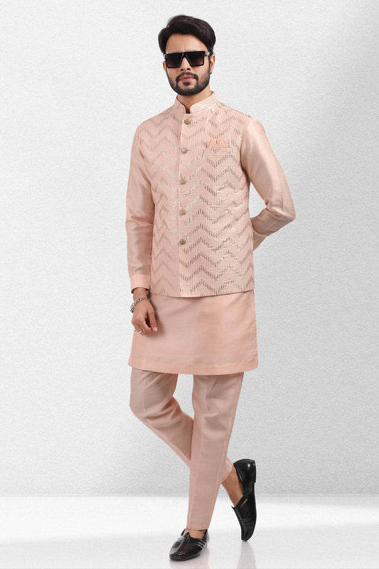 Peach Colour Art Silk Kurta Pajama With Jacket