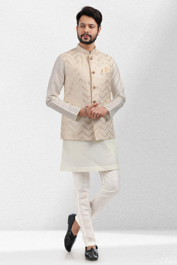 Cream Colour Art Silk Kurta Pajama With Jacket