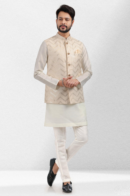 Cream Colour Art Silk Kurta Pajama With Jacket