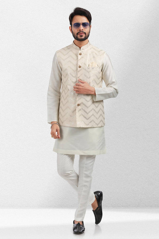 Cream Colour Art Silk Kurta Pajama With Jacket