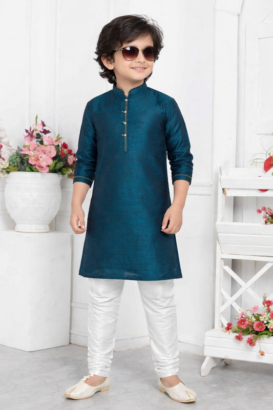 Jacquard Silk Brocade Pintux Work Kids Kurta Pajama In Blue Colour