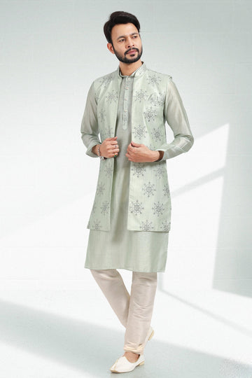Pista Green Colour Art Silk Kurta Pajama With Jacket