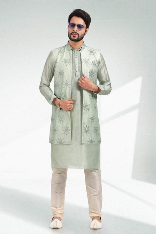 Pista Green Colour Art Silk Kurta Pajama With Jacket