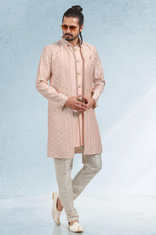 Peach Colour Art Silk Kurta Pajama With Jacket