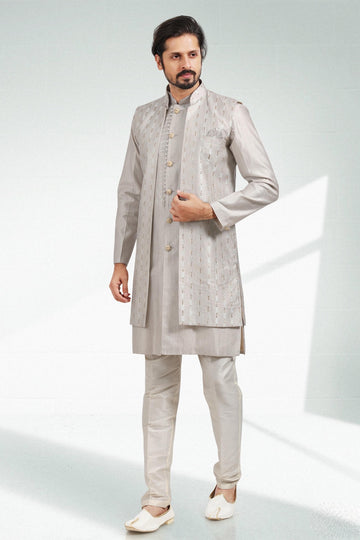Grey Colour Art Silk Kurta Pajama With Jacket