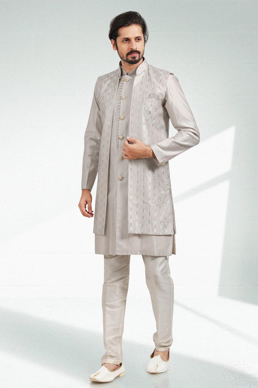 Grey Colour Art Silk Kurta Pajama With Jacket