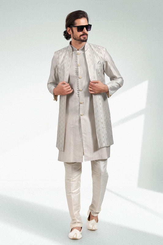 Grey Colour Art Silk Kurta Pajama With Jacket